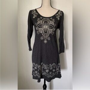 Johnny Was JW Los Angeles Gray Embroidered Long Sleeve Dress Size Small Boho